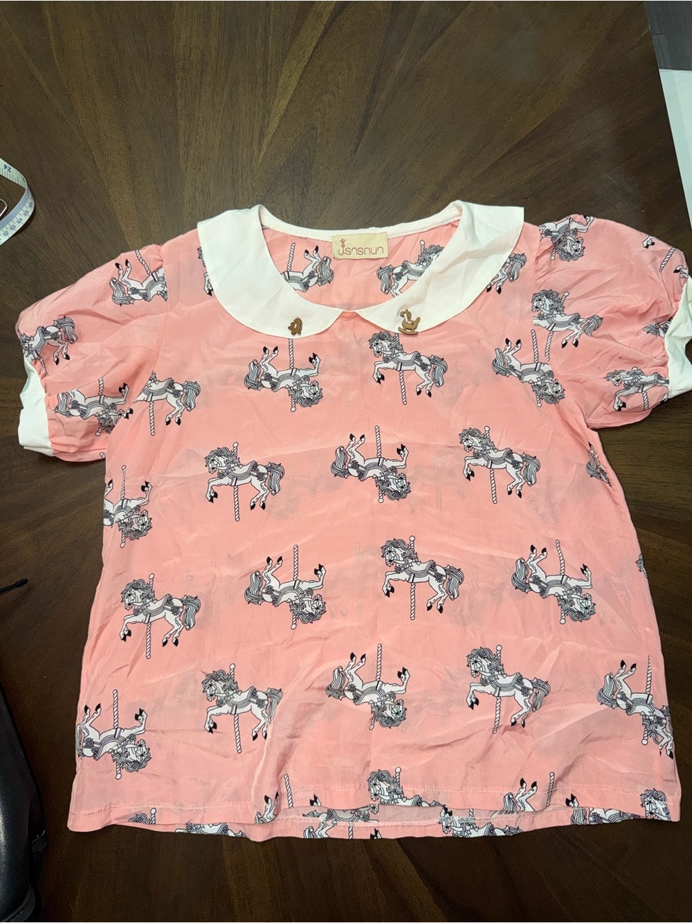 Girls Pink Carousel Horse Top with Peter Pan Collar